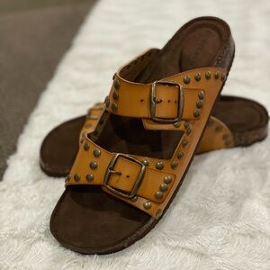 Portland Leather Studded Buckle Sandals in Cognac Brown